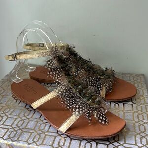 Bo'em Plage Boho Feather and Beaded Leather Sandals Womens size 7